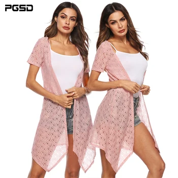 

PGSD New Summer Simple fashion Women's clothes Pure color Loose Irregular beach sunscreen lace Thin Short sleeve cardigan female