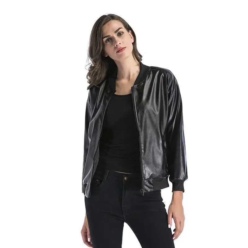 Spring Women's European And American Clothing Female Black Trend Coat Loose Stand Collar Zipper-fly Leather Short Jacket - Цвет: Черный