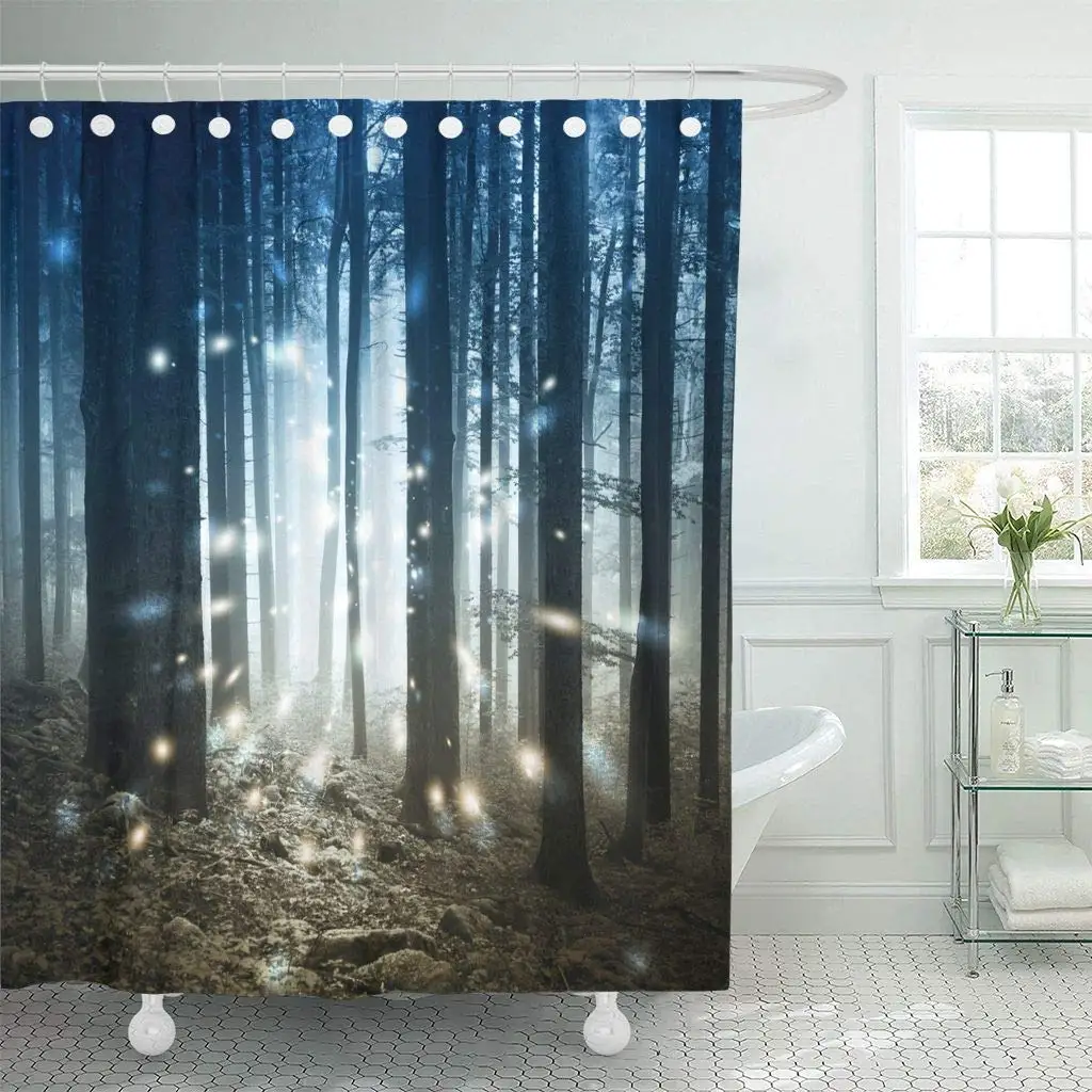 Shower Curtain Blue Mystery Fantasy Firefly Lights in The Magic Fairy