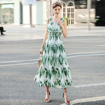 

High quality runways Fashion designer Summer long dress Pea print casual Women's Spaghetti Strap sexy long dress