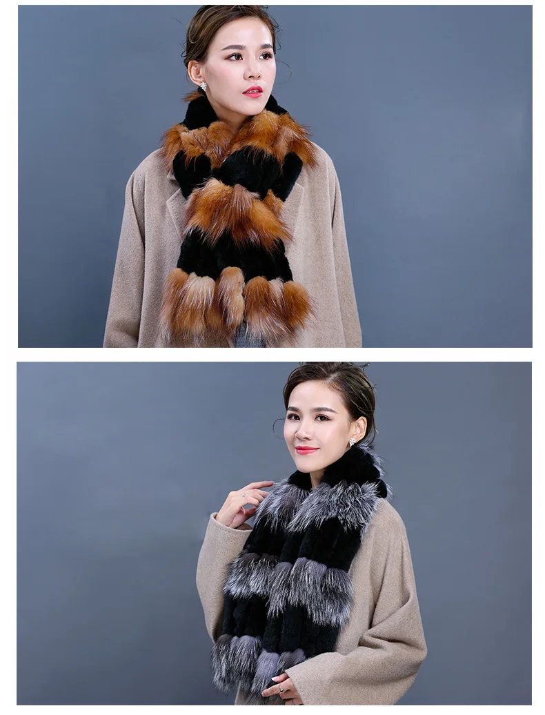 Factory Direct New Real Fur Scarves For Women Handmade Natural Rex Rabbit Fur Scarf With Sliver Fox Fur Wraps (16)