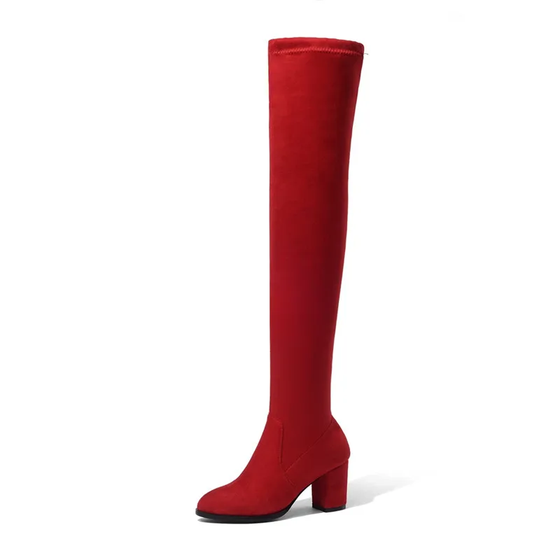 MoonMeek/размер 33-43; модные сапоги выше колена; женские сапоги до бедра из флока; элегантные женские сапоги на высоком толстом каблуке для выпускного вечера; Цвет Черный - Цвет: Красный
