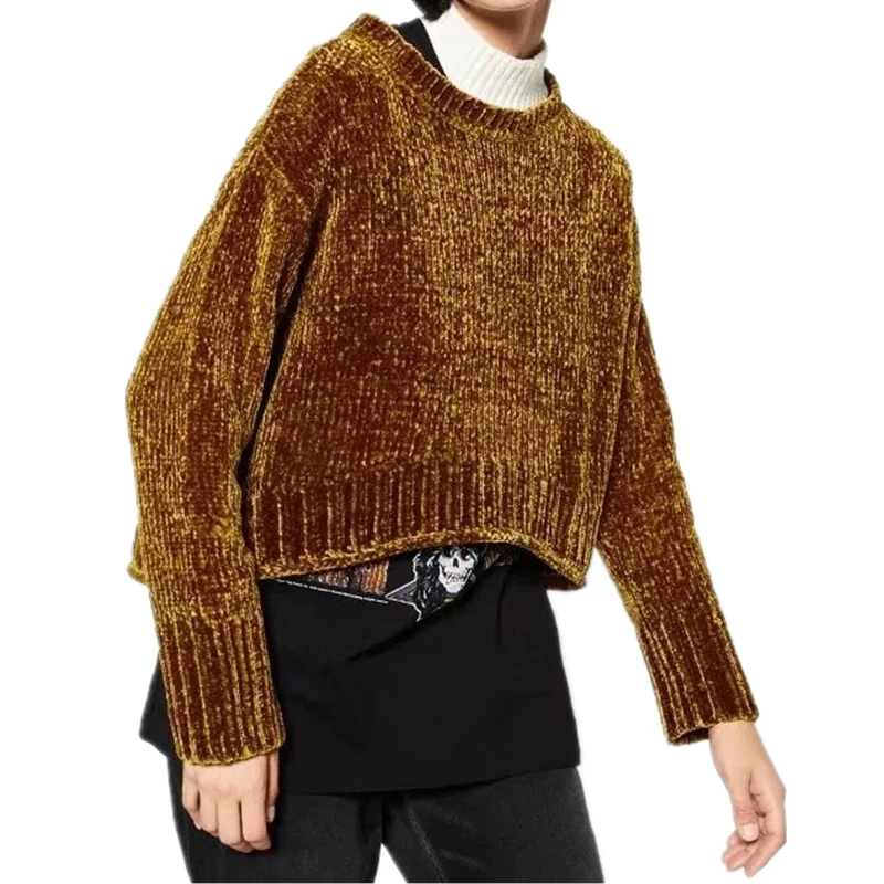 Осенняя мода, Ретро стиль, синель, золото, бархат, женский свитер, короткий топ, обычный, Круглый ворот, свободный, нестандартный, пуловер, свитер для женщин