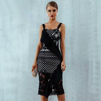 

wholesale New dresses black Lace Elastic tight Spaghetti Strap Stylish Celebrity cocktail Party bandage Dress(L2513)