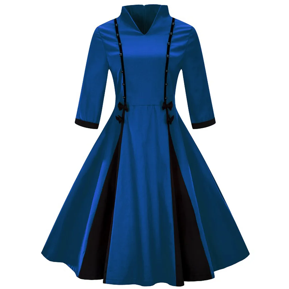 SAGACE Fashion Women Plus Size Half Sleeve Vintage Dress Solid Bow Retro Flare Dress Solid Mandarin Collar party Dress July 17 - Color: Blue