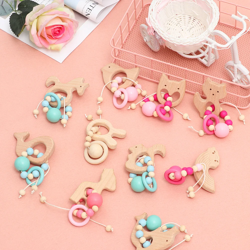 

2020 Wooden Baby Nursing Cartoon Animal Baby Teething Chew Beads Teether Rattles Stroller Accessories toys