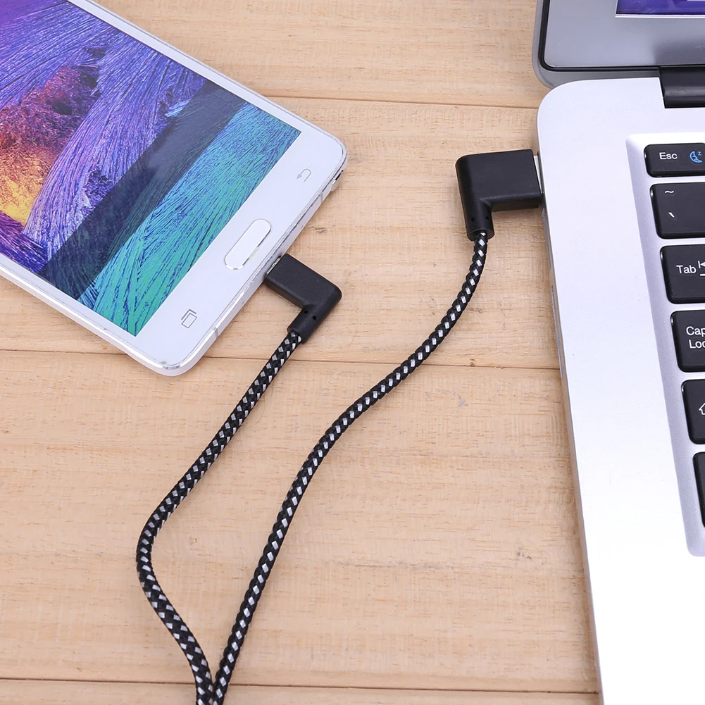 

STF16 R Connector Micro Usb Charging Cable 90 Degree Right Angle Black Nylon Braid Data Sync Transfer Cord Wire Line