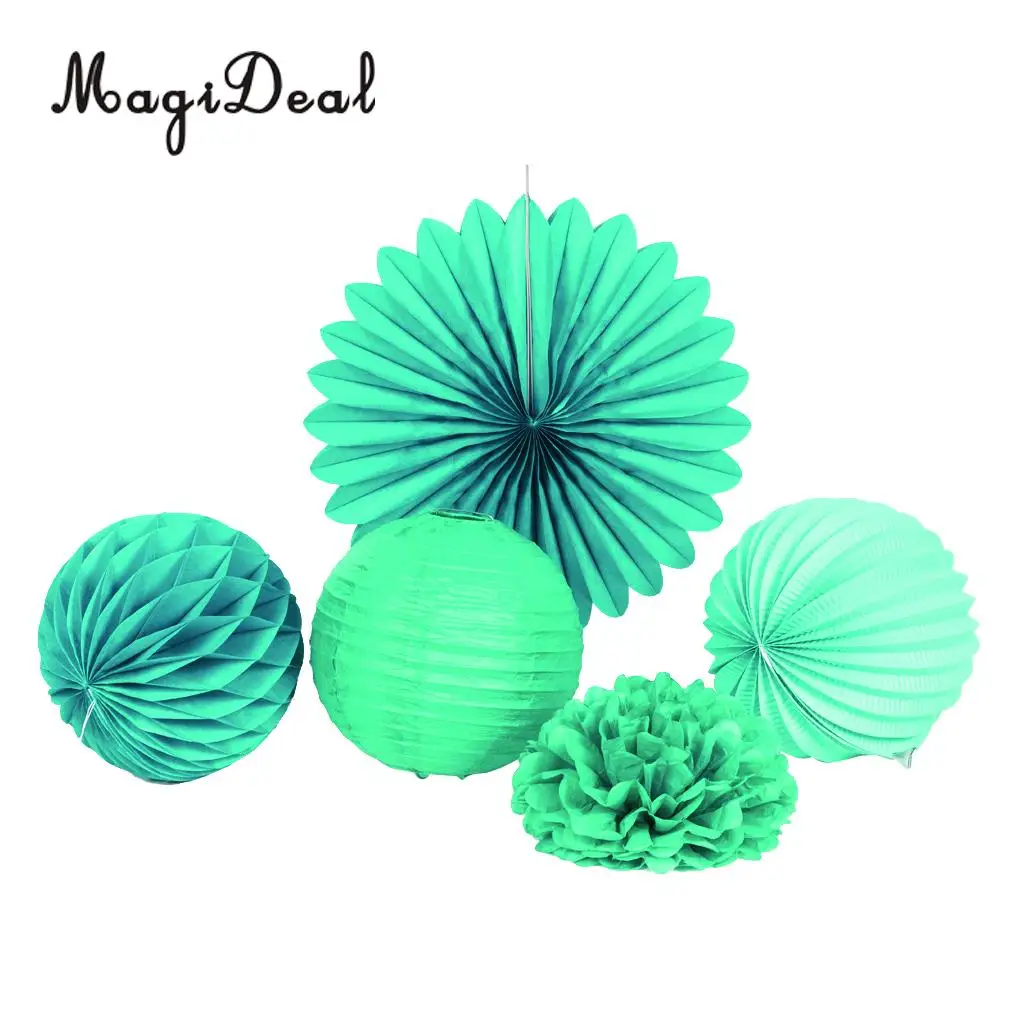 MagiDeal 5 Pieces Mixed Style Paper Pompoms Fan Honeycomb Ball Wedding Party Home Decor Blue and Green 
