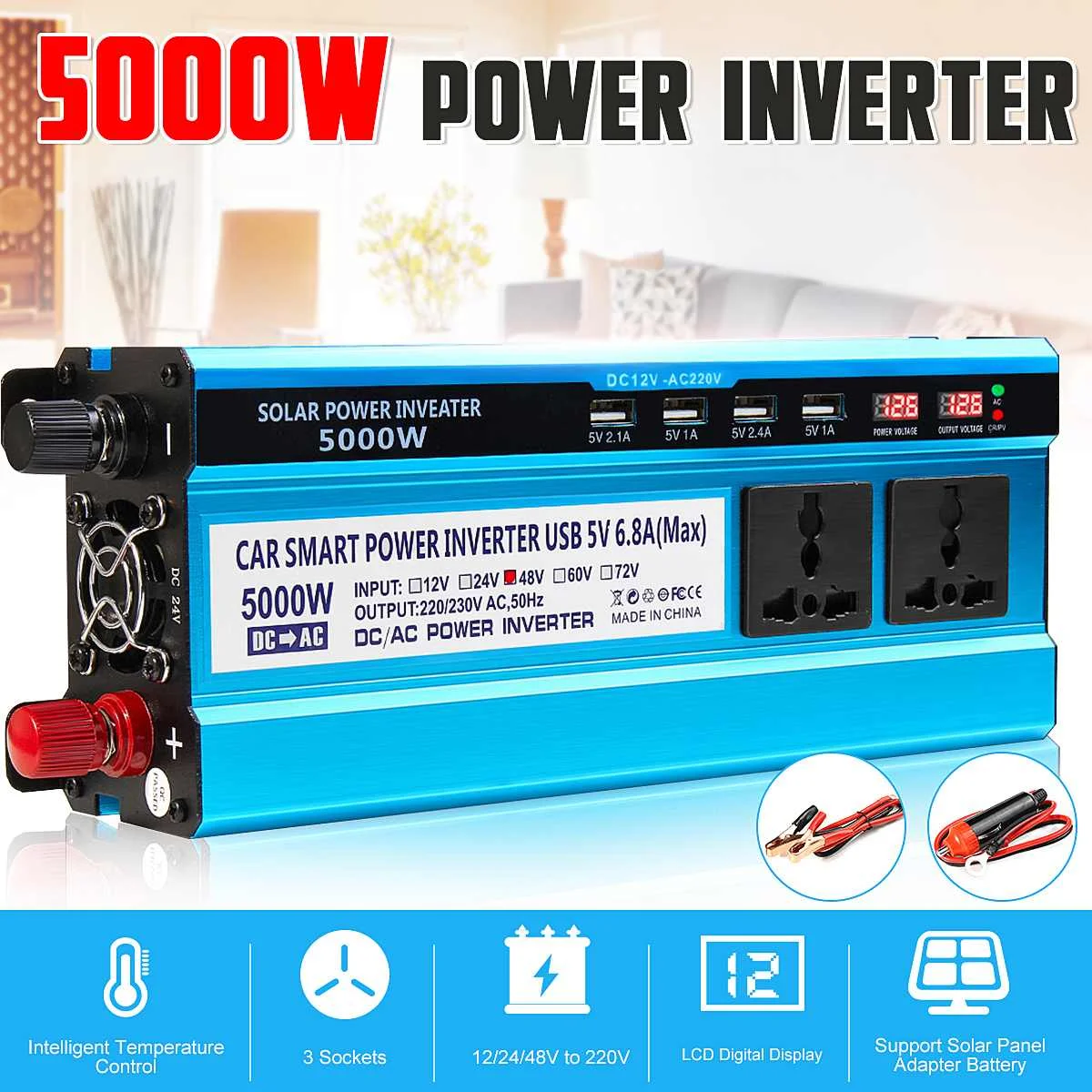 Cena 5000W falownik solarny DC 12 V 24 V 48 V do AC 220V konwerter napięcia transformator podwójny wyświetlacz 3 gniazda 4 porty USB