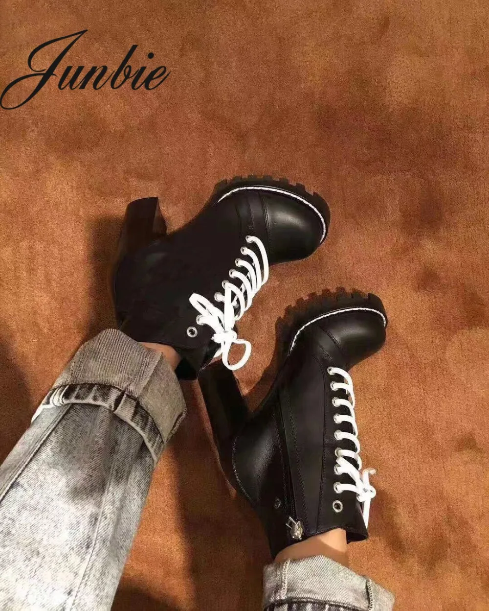 

JUNBIE Matt Genuine Leather Gladiator Lace Up Women Ankle Boots Platform Chunky Heel Women Fashion Boots Shoes Women
