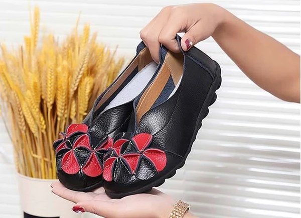 Summer Women'S Leather Shoes Woman Split Leather Loafers With Flowers Soft Flats Slip On Shoes For Women Moccasins Mother Shoes (6)