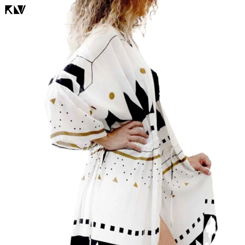 

KLV Beach Open Front Kimono Cardigan Triangle Geometric Pattern Swimsuit Cover Up Drawstring Waist High Split Midi Long Robe