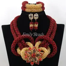 Винный Африканский бисер комплект ювелирных изделий золото нигерийский Свадебный костюм Кристалл Свадебный комплект ювелирных изделий бордовые бусины Набор AIJ734