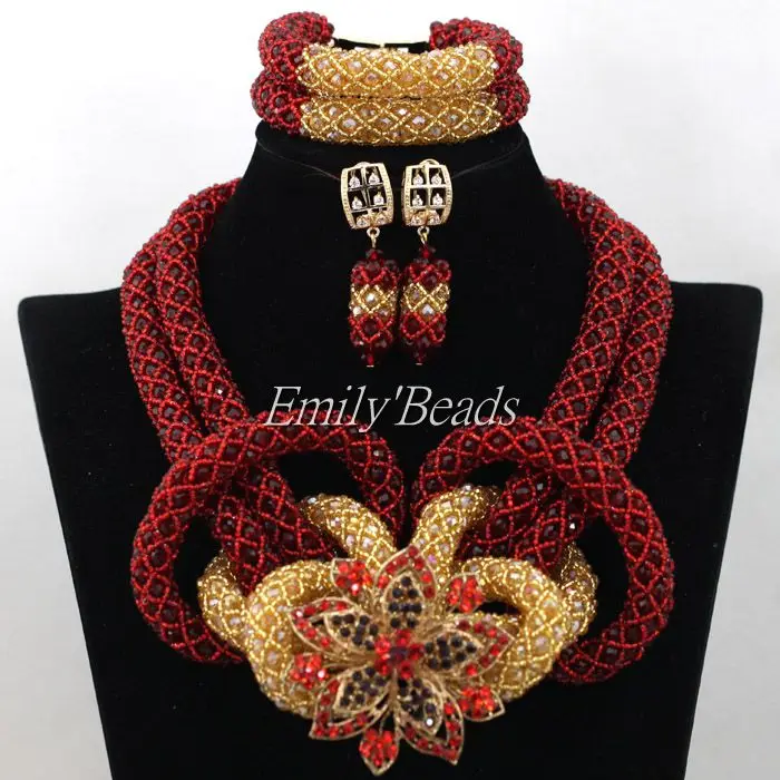 Wine African Beads Jewelry Set Gold Nigerian Wedding Costume Crystal Bridal Jewelry Set Burgundy Beads Set