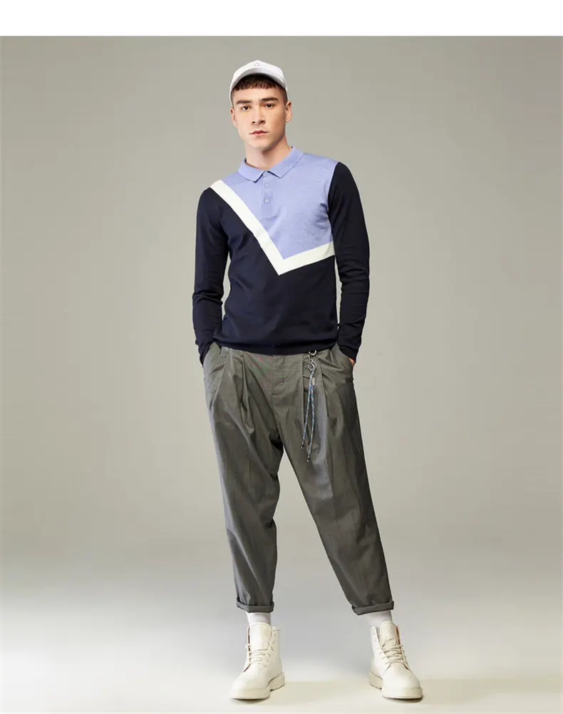 2019 New Golf Polo Men Long Sleeve Patchwork Pattern High Quality Cotton Knit Polo Sweater Male Luxury Smart Casual Plus Size 04