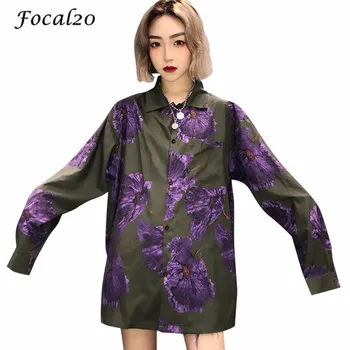 

Focal20 Trendy Floral Graffiti Women Blouse Shirt Pocket Turn-down Collar Long Sleeve Spring Casual Oversize Female Blouse Top