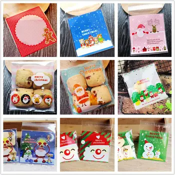 

100Pcs 10x10+3cm Xmas Gift Bags Cookie Packaging Christmas Santa Claus Reindeer Pattern Snacks Plastic Storage Bags