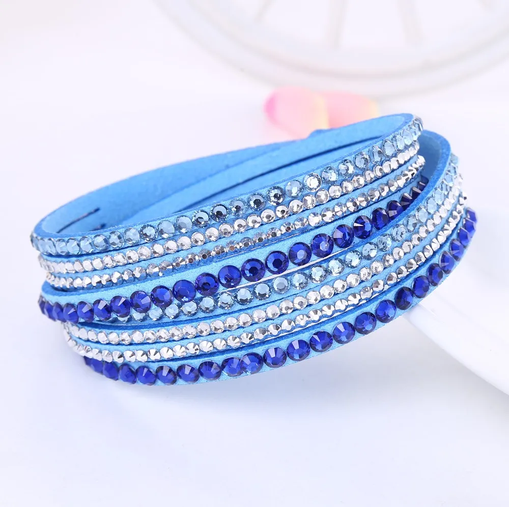 Awesome Rhinestone Crystal Ladies Leather Bracelet Sky Blue