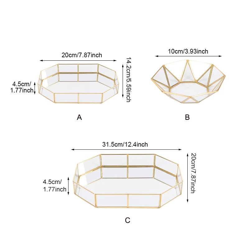 Золотые стеклянные косметические подносы, органайзер для макияжа, ювелирные изделия, ожерелье, серьги, браслет, контейнер, офисный декор, десертные фруктовые тарелки