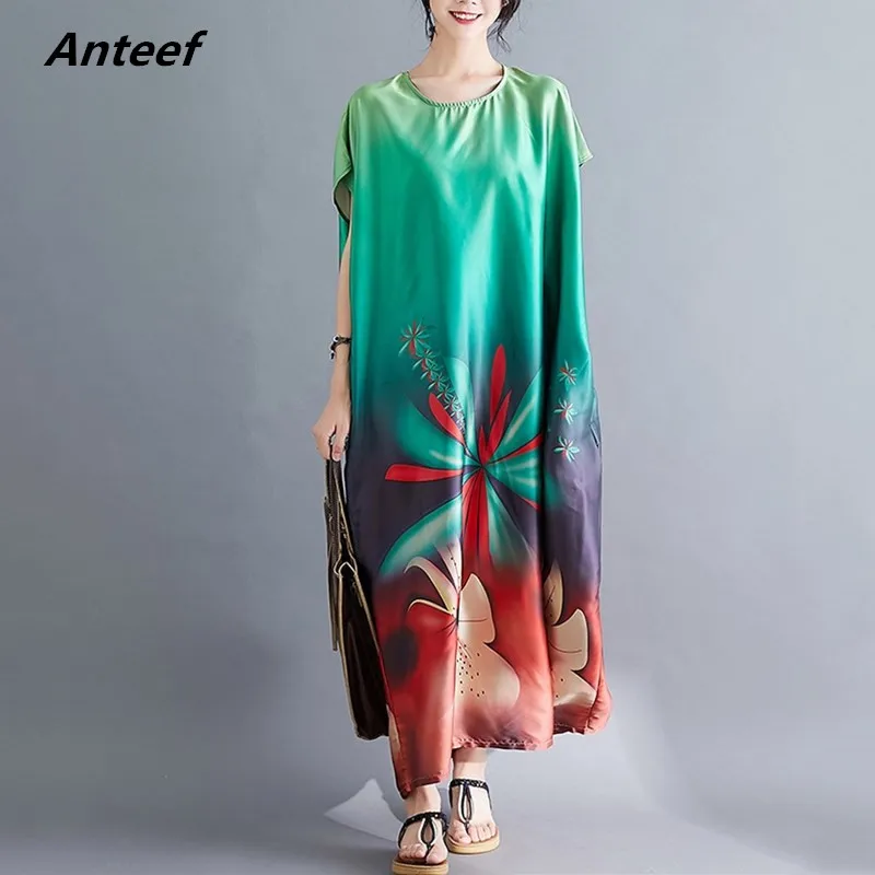 

satin vintage floral plus size women casual loose long summer beach dress elegant clothes 2019 ladies dresses sundress