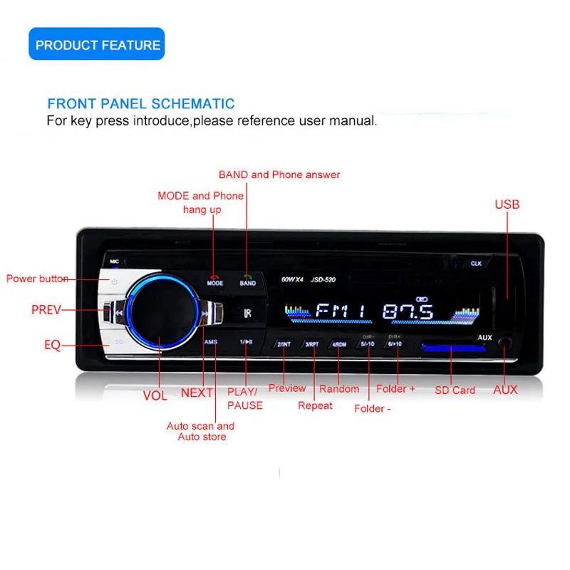 Авторадио 1 Din JSD 520 стерео Bluetooth аудио Mp3 рекордер Usb Sd Aux вход Oto Teypleri Авто плеер