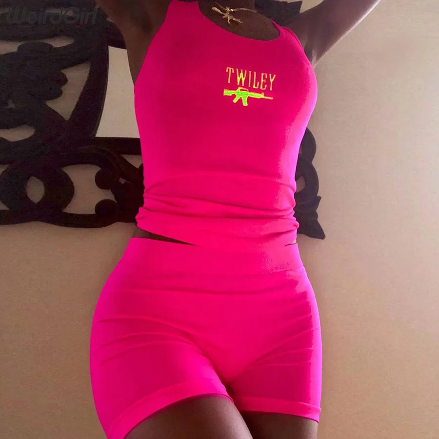 

Weirdgirl Women embroidery Slim Fitness two pieces sets new popular tank tops solid Sports leggings stretched summer new