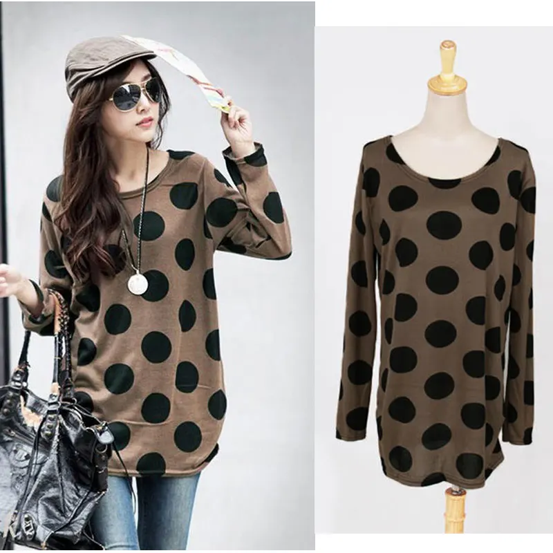 2019 Korean T Shirt Women Long Sleeve Tshirt 5XL Plus Size T-shirt Dot Tunic Knitted Shirt Long Pullover female Tops Tees Coffee
