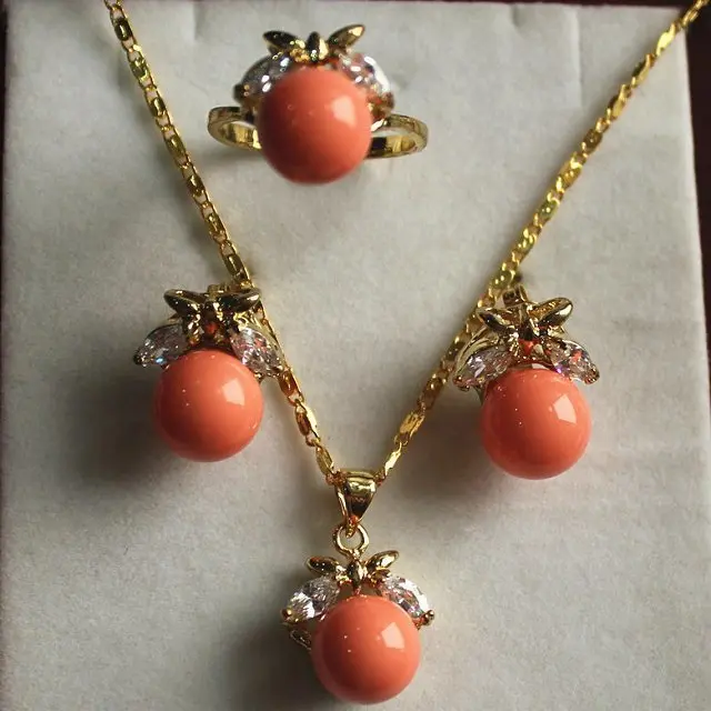

fancy jewelry set 10mm orange shell pearl,ring, pendant & stud earring (D)