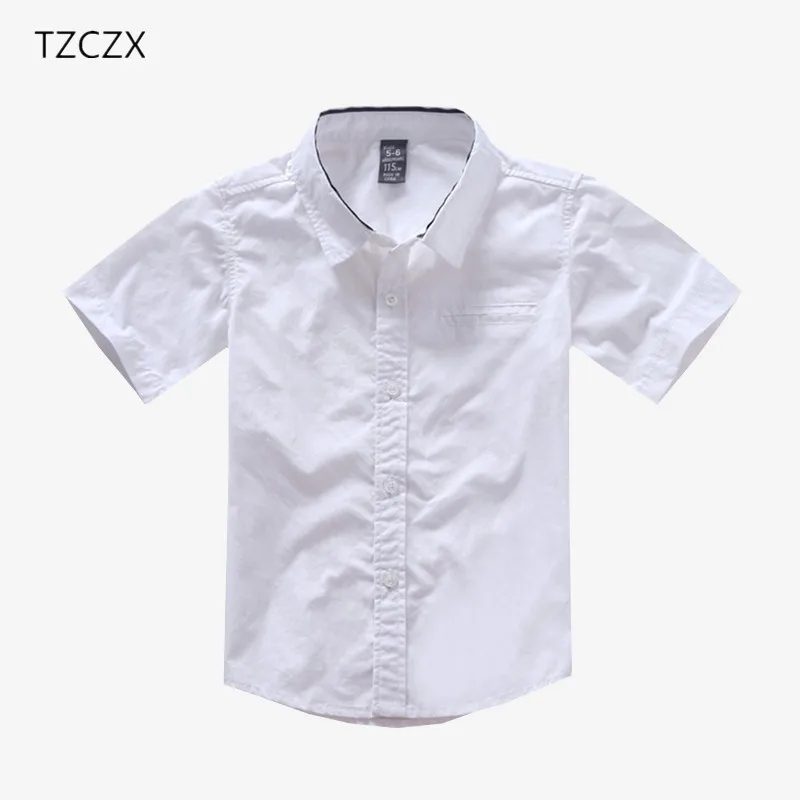 TZCZX-2530 Детские рубашки для мальчиков однотонные белые рубашки с короткими рукавами из хлопка для детей от 4 до 10 лет, детская одежда - Цвет: White
