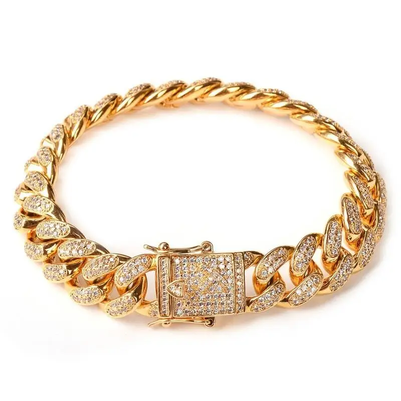 

High Quality Hip Hop Men Simulated Diamonds Bracelet Cuban Links Chains Never Fade Gold Color Luxury Alloy Bracelet