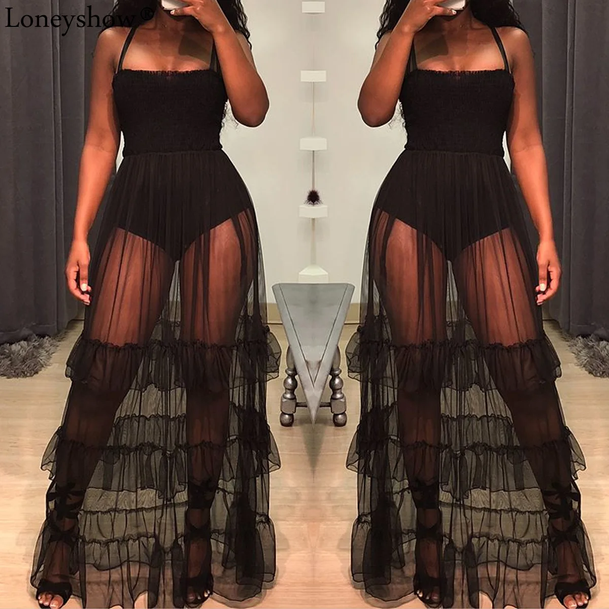 slip dress with mesh top