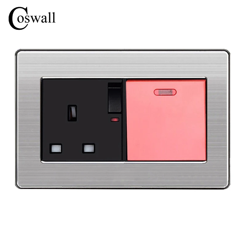 

COSWALL 146 UK Standard Switched Socket with Neon + 45A Water Heater High Power Switch Wall Power Outlet Stainless Steel Panel