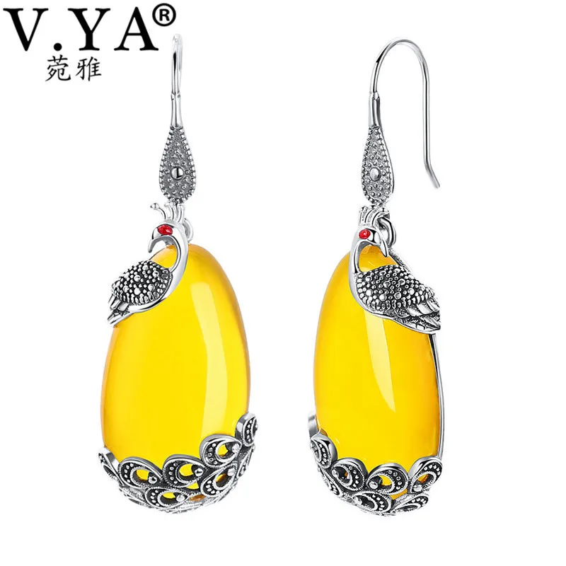 

V.YA Big Yellow Stone & Marcasite Earrings 925 Sterling Silver Jewelry for Women Lady Female Wedding Christmas Gift