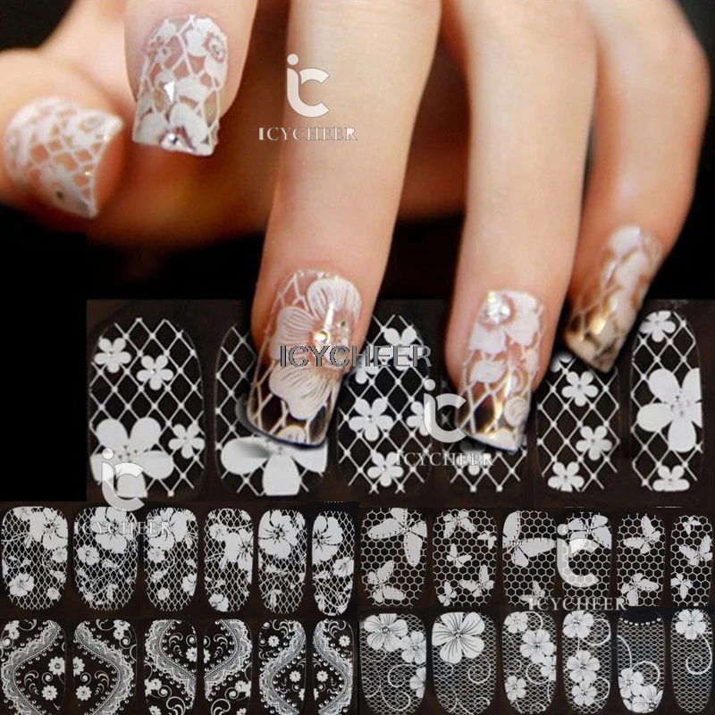 

ICYCHEER DIY 3D White Lace Diamond Flower Sticker Nail Art Tips Bride Stickers Waterproof Bride Nail Decals
