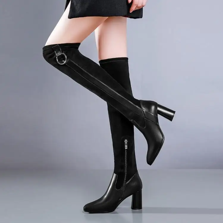 Damen Spitz Metall Seite Chunky Show Zip Leder Stiefel Schwarz Mit As Echt Booties Mittel Frau Wildleder Ferse Patchwork Chic Schnalle q80OwaFq
