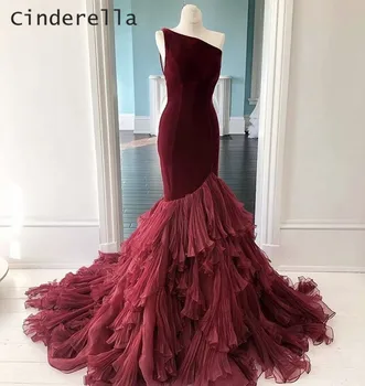 

Cinderella Burgundy One Shoulder Court Train Organza Ruffles Mermaid Velour Prom Dresses One Shoudler Prom Party Evening Gown