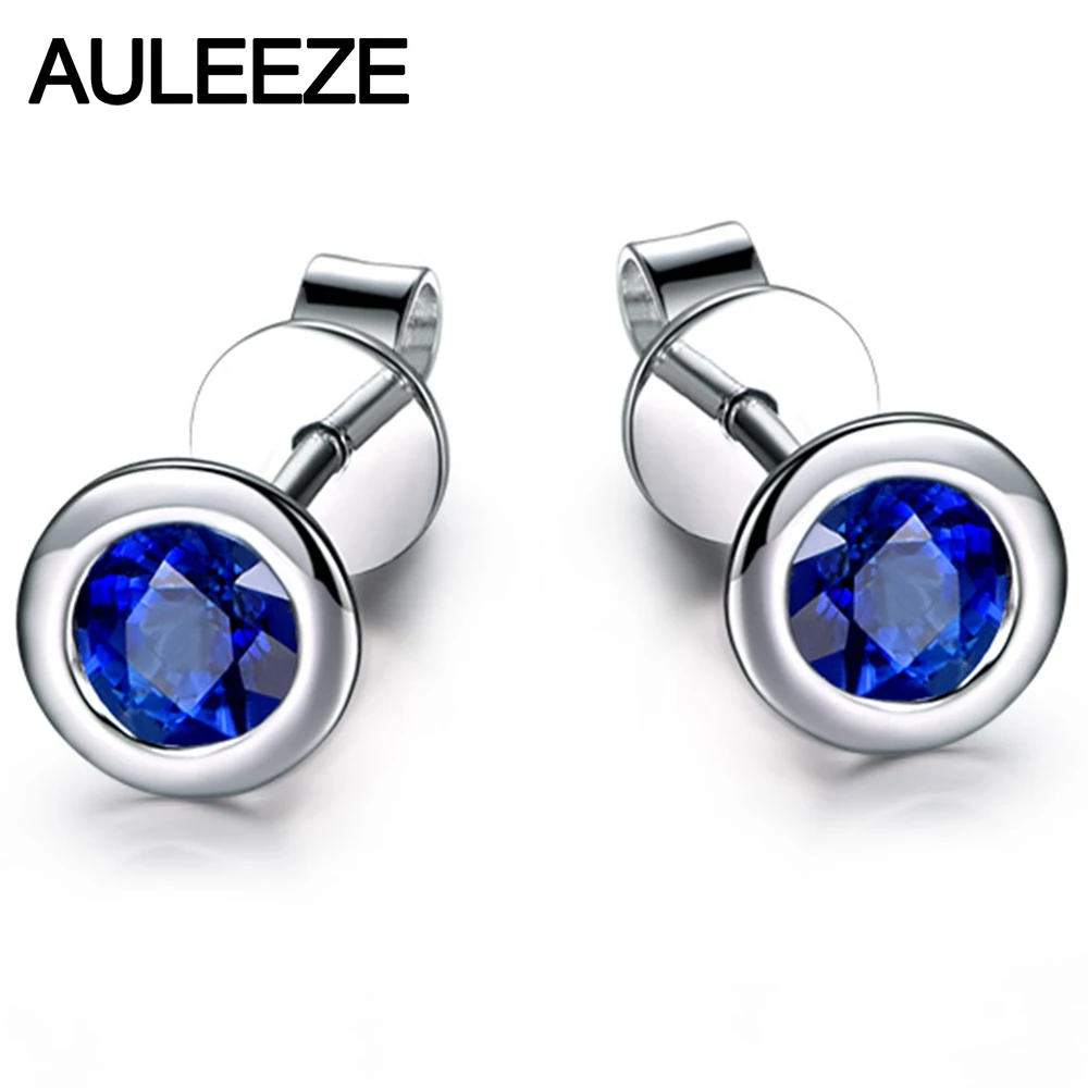 Bezel Setting 0.8cttw Sapphire Earring 14K 585 White Gold Simplistic