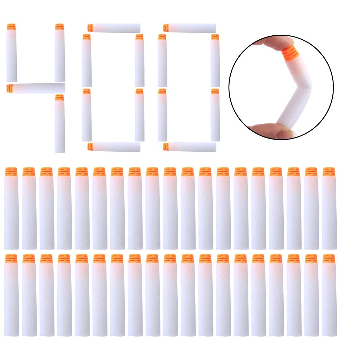 

NFSTRIKE 400Pcs High Buffered Soft Bullet Flat Head Soft Darts For Nerf - Orange Head + White With Night Light Sponge