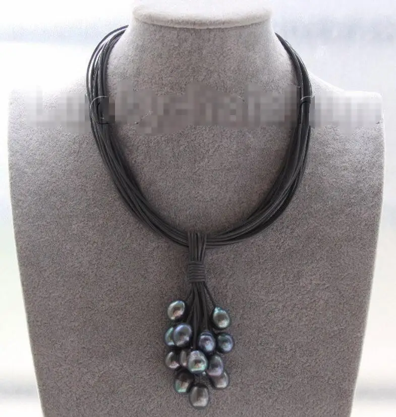 

Hot sale new Style >>>>>Choker 16" 15row 14mm peacock Black pearls dark gray leather necklace j9554