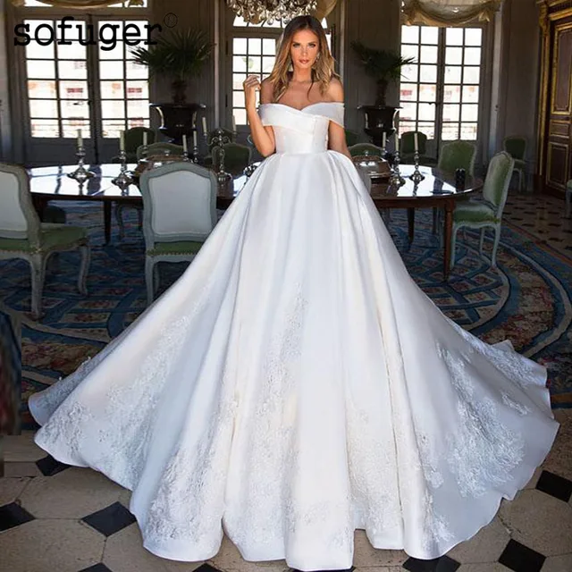 White Wedding Dress Zipper off The shoulder Zipper Satin Train White Wedding Dress Zipper off The shoulder Zipper Satin Train