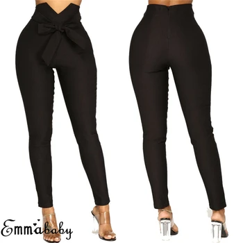

2019 Fashion Womens Striped Long Pants High Waist Tie Pencil Trousers Skinny Slim Leggings Casual Solid High Waisted Pants