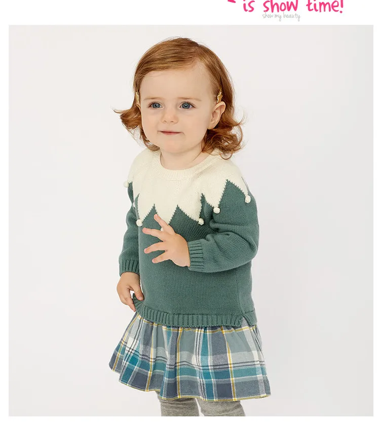 DBM11023 dave bella/осенний милый вязаный свитер в клетку с аппликацией для маленьких девочек детский Модный пуловер шикарные топы для малышей