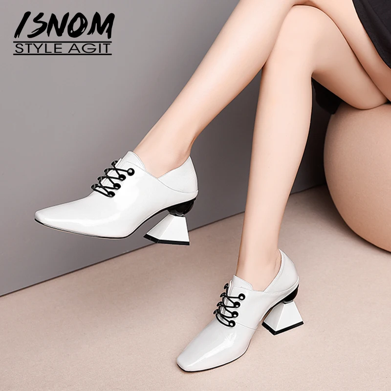 ISNOM Patent Leather Women Pumps Square Toe Cross Tied Footwear Unusual High Heels Ladies Shoes Fashion Mules Shoes Woman 2019 ISNOM Patent Leather Women Pumps Square Toe Cross Tied Footwear Unusual High Heels Ladies Shoes Fashion Mules Shoes Woman 2019