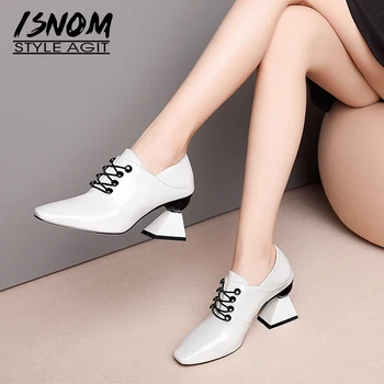 

ISNOM Patent Leather Women Pumps Square Toe Cross Tied Shoes Unusual High Heels Strange Ladies Fashion Mules Shoes Woman 2020