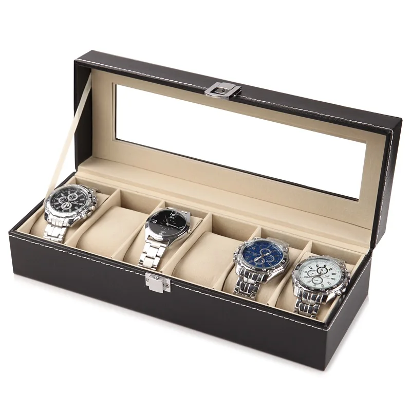 

2/6/10 Slots PU Leather Watch Storage Box Organizer New Mechanical Mens Watch Display Holder Cases Black Jewelry Gift Boxes