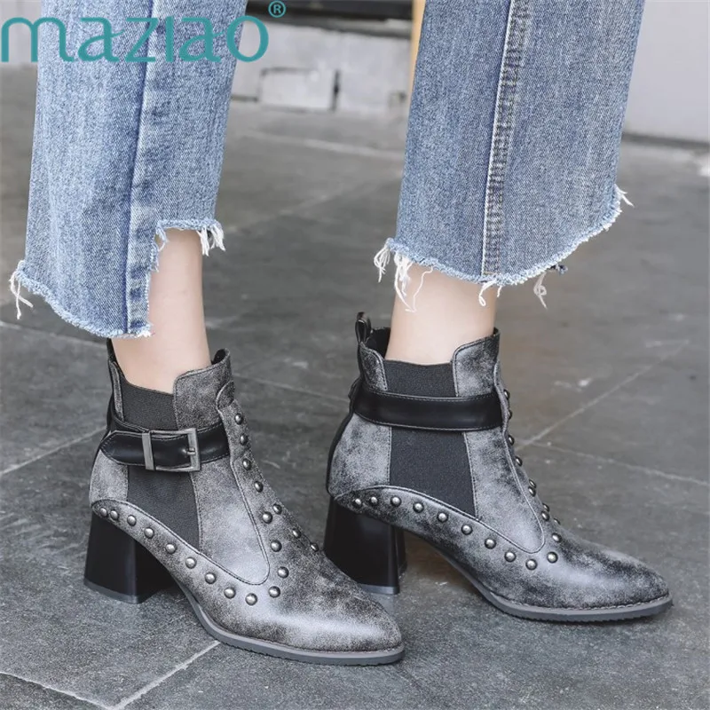 

Hot Fashion Women High Heel Short Short Ankle Boots Winter Martin Fashion Footwear Pointed Toe Rivet Buckle Boots MAZIAO