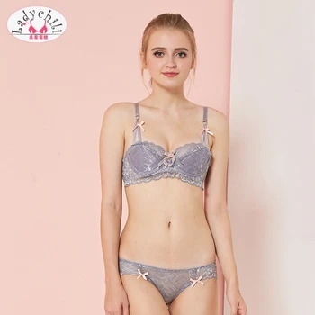 

Ladychili Women Intimate Bra Set Big Size Sexy Lace Deep V Half Cup Foam Push Up Thin Bra and Transparent Panties Set N277