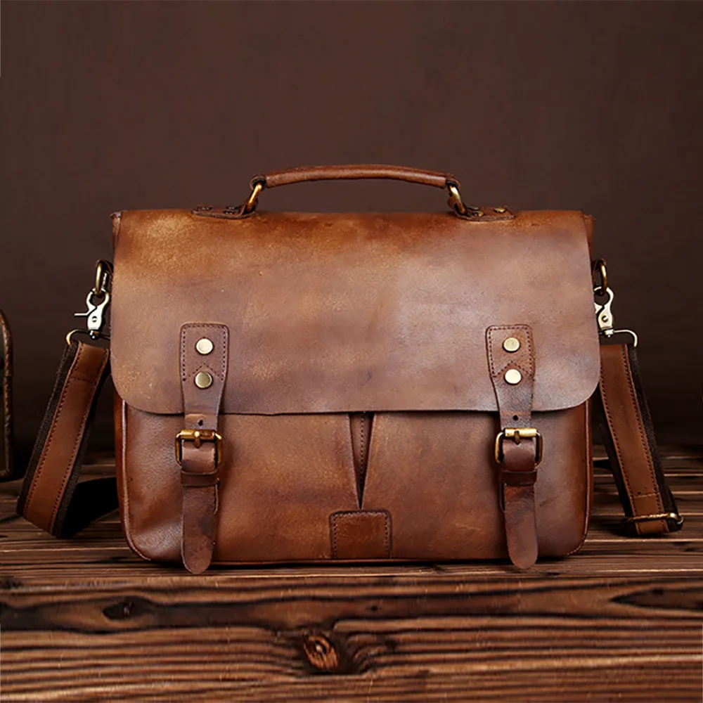 New Vintage Cowhide Genuine Leather Men Handbag Laptop Tote Bag Business Briefcase Male Casual ...