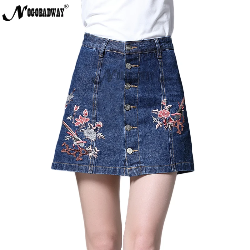 Джинсовые юбки с вышивкой высокой талией женские 2019 летние короткие джинсовые
