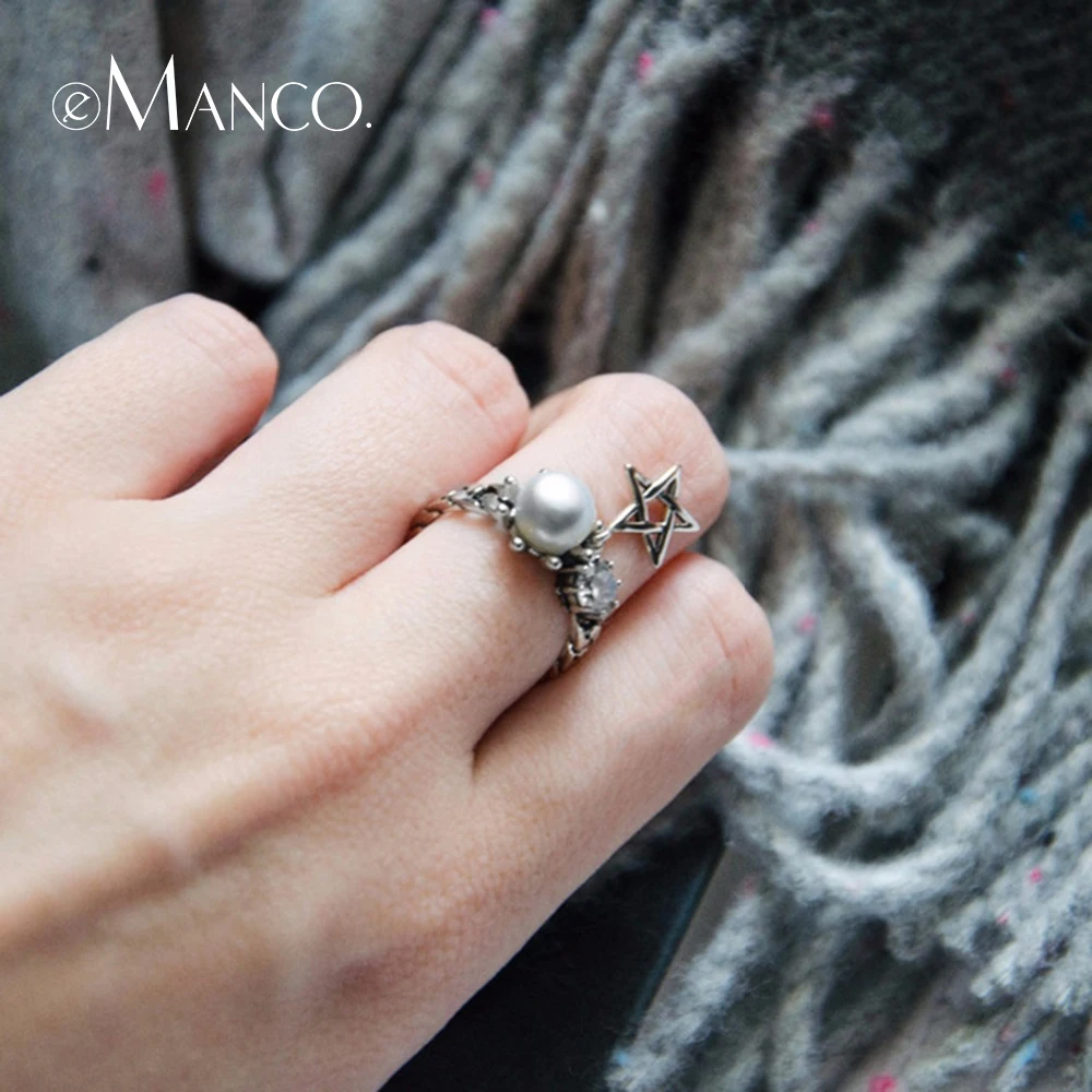 

e-Manco 925 Sterling Silver Star Chain Rings Zircon Freshwater Pearl Rings Wedding&Engagement Wholesale New Arrival